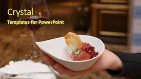  Presentation with steak - Audience pleasing PPT theme consisting of woman-offering-steak-tartare backdrop and a wine colored foreground