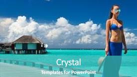  Presentation with maldives - Audience pleasing presentation design consisting of woman on a tropical beach jetty at maldives backdrop and a teal colored foreground