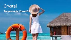  Presentation with maldives - Colorful presentation design enhanced with woman on a tropical beach jetty at maldives backdrop and a teal colored foreground