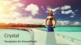  Presentation with maldives - PPT layouts with woman on a tropical beach jetty at maldives background and a soft green colored foreground