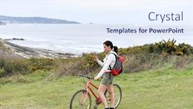  Presentation with biking - Presentation theme featuring woman on biking journey reading message on smartphone background and a sky blue colored foreground