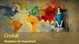  Presentation with woman world - Cool new PPT layouts with woman on color world map backdrop and a tawny brown colored foreground