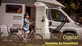  Presentation with campsite - Amazing PPT theme having woman-on-electric-bike-resting backdrop and a tawny brown colored foreground
