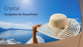  Presentation with santorini - Beautiful slide deck featuring woman-on-holidays-in-santorini backdrop and a light blue colored foreground