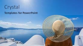  Presentation with santorini - Slide set with woman-on-holidays-in-santorini background and a light blue colored foreground