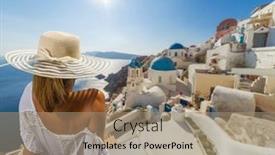  Presentation with santorini - Audience pleasing PPT theme consisting of woman-on-holidays-in-santorini backdrop and a coral colored foreground