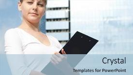  Presentation with women glass ceiling business cartoon - Amazing presentation having woman on modern glass building backdrop and a  colored foreground