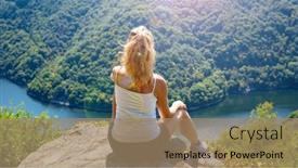  Presentation with mountain view - PPT layouts having woman-on-mountain-peak-admiring background and a coral colored foreground