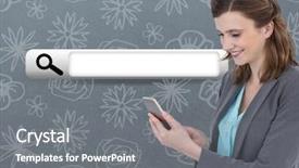  Presentation with search - Colorful PPT theme enhanced with woman on phone with search backdrop and a gray colored foreground