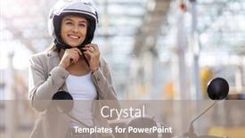  Presentation with electric scooter graph - Slide deck featuring tightening - woman on scooter tightens helmet background and a gray colored foreground