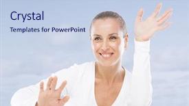  Presentation with menopause - Amazing PPT theme having woman on seaside backdrop and a light blue colored foreground