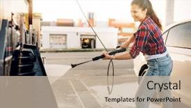  Presentation with car wash - Cool new PPT layouts with woman on self-service car backdrop and a soft green colored foreground