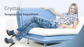  Presentation with jeans denim - Cool new slide deck with woman on sofa wearing jeans and denim clogs backdrop and a light blue colored foreground