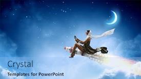  Presentation with rocket - Presentation theme consisting of woman-on-space-rocket-mixed background and a light blue colored foreground