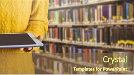  Presentation with digital library - Audience pleasing theme consisting of woman on tablet in library backdrop and a tawny brown colored foreground
