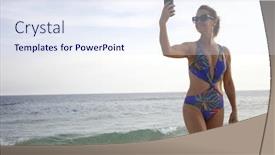  Presentation with beach - Beautiful presentation theme featuring woman-on-the-beach-talking backdrop and a sky blue colored foreground