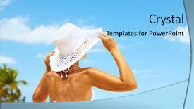  Presentation with vacation - PPT theme featuring woman on the beach vacation background and a light blue colored foreground