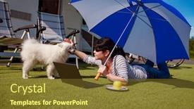  Presentation with caravan - Theme with woman on the grass with a dog looking at a laptop caravan car vacation family vacation travel holiday trip in motorhome vr background and a tawny brown colored foreground