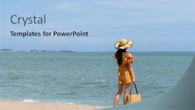  Presentation with sand - Theme featuring woman-on-the-sand-beach background and a light blue colored foreground