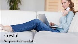  Presentation with happy smiling woman dental health - Colorful presentation design enhanced with woman on the sofa booking backdrop and a  colored foreground