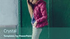  Presentation with green city - PPT theme with woman on the street photo over green grunge wall wind in the autumn city background and a ocean colored foreground