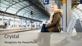 Presentation with waiting - Audience pleasing slides consisting of woman on train station platform backdrop and a light gray colored foreground