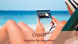  Presentation with sun flare in deep space - Cool new presentation with woman on vacation lies in a sun lounger on the beach with a tablet in hands copy space display backdrop and a coral colored foreground