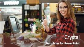  Presentation with cheerful - PPT layouts having woman on workspace in supermarket background and a tawny brown colored foreground