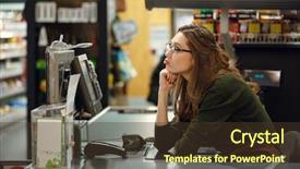  Presentation with payment - Beautiful presentation theme featuring woman on workspace in supermarket backdrop and a tawny brown colored foreground