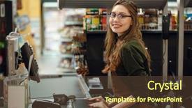  Presentation with cheerful - Beautiful presentation featuring woman on workspace in supermarket backdrop and a tawny brown colored foreground