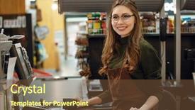  Presentation with happy image - Amazing PPT theme having woman on workspace in supermarket backdrop and a tawny brown colored foreground