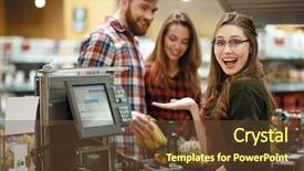  Presentation with happy smiling woman dental health - Presentation theme featuring woman on workspace in supermarket background and a tawny brown colored foreground