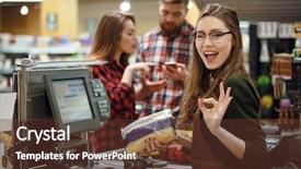  Presentation with cheerful - PPT theme having woman on workspace in supermarket background and a tawny brown colored foreground