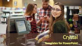  Presentation with supermarket - Colorful presentation theme enhanced with woman on workspace in supermarket backdrop and a tawny brown colored foreground