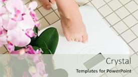  Presentation with stepping - Colorful slides enhanced with woman only feet to be seen stepping on a scale in a spa setting backdrop and a soft green colored foreground