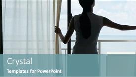  Presentation with curtain - Cool new PPT theme with woman open the curtain at home backdrop and a teal colored foreground