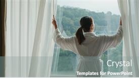  Presentation with curtain - Slides having woman-open-the-curtain background and a gray colored foreground