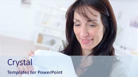  Presentation with letter - Audience pleasing PPT layouts consisting of woman opening a letter backdrop and a sky blue colored foreground