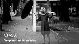  Presentation with black woman - Presentation theme with woman-opens-her-umbrella-outside background and a gray colored foreground