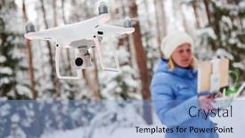  Presentation with winter forest - Slide set consisting of woman operated flying drone in winter forest background and a light blue colored foreground