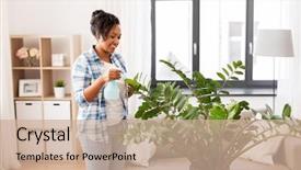  Presentation with home care - PPT theme enhanced with woman or housewife spraying houseplant background and a coral colored foreground