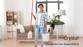  Presentation with housekeeping - Amazing slide set having woman or housewife with bucket backdrop and a mint green colored foreground