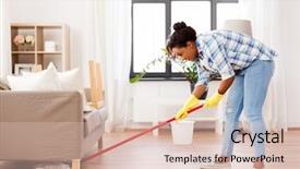  Presentation with housekeeping - Presentation theme with woman or housewife with mop background and a lemonade colored foreground