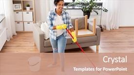  Presentation with housekeeping - Presentation having woman or housewife with mop background and a coral colored foreground