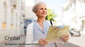  Presentation with city map - Amazing slides having woman or tourist with map backdrop and a coral colored foreground