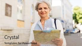  Presentation with city map - PPT theme with woman or tourist with map background and a  colored foreground