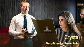 Presentation with restaurant menu - Audience pleasing PPT theme consisting of woman ordering to waiter from the menu in a restaurant backdrop and a tawny brown colored foreground