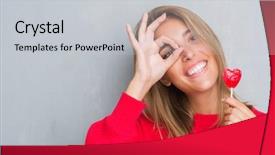  Presentation with candy heart - Beautiful presentation design featuring woman over grunge grey wall backdrop and a light gray colored foreground