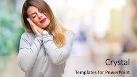  Presentation with young business woman smile show - Audience pleasing presentation design consisting of woman over isolated background sleeping backdrop and a lemonade colored foreground