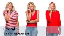  Presentation with stress and anxiety - PPT layouts featuring woman over white isolated backgroud background and a  colored foreground